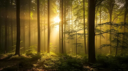 Fototapeta premium Golden Sunlight Filtering Through Dense Forest Canopy at Dawn