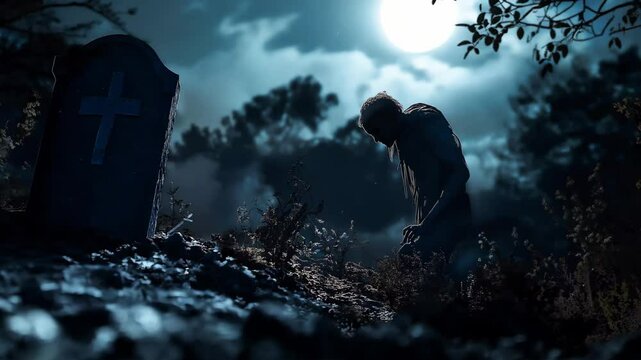 Beginning of the zombie apocalypse, Zombies rise from the dead in a dark scary forest at night, Zombie emerges from a grave in a cemetery. Halloween
