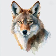Fototapeta premium Majestic Coyote Portrait Watercolor Painting of Wild Canine Fierce Eyes Fur Detail