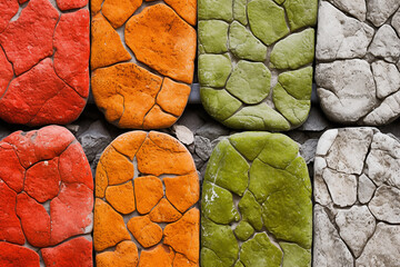 An abstract  background with stone. Features shades of alizarin red, scarlet, burgundy, green, red-orange, tangerine, and citrus-inspired colors.