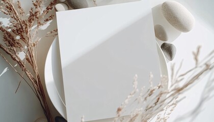 Elegant blank menu mockup elegantly displayed on a white plate, showcasing a modern design ideal for restaurants and events. Perfect for presenting food and beverage offerings.