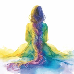 Serene Watercolor Painting of Woman with Long Braided Hair in Flowing Gown