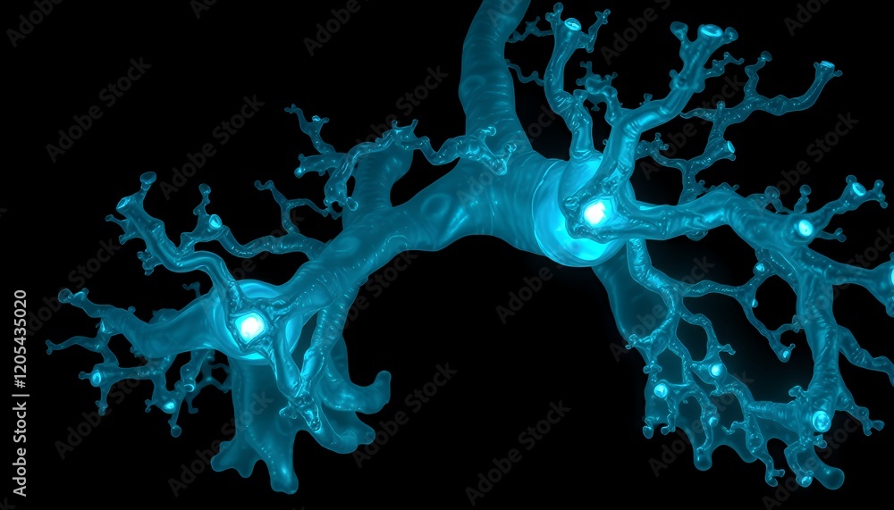 Poster abstract 3d rendering of a complex neural network, glowing blue neurons interconnected, detailed vis
