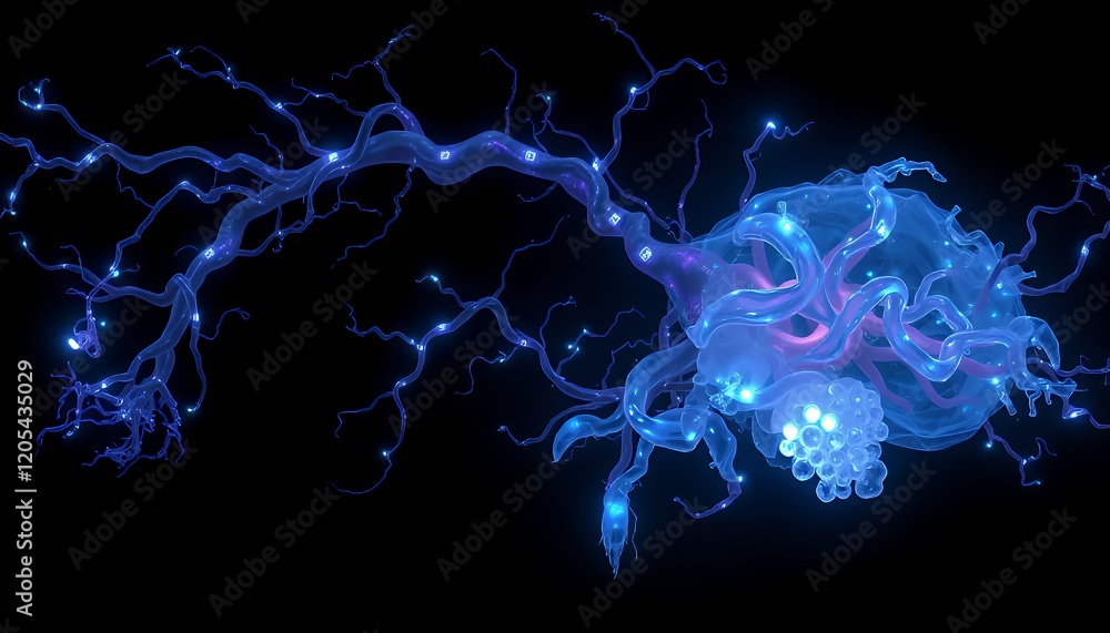 Poster abstract 3d rendering of a glowing blue neuron, intricate neural network and pathways, complex syste