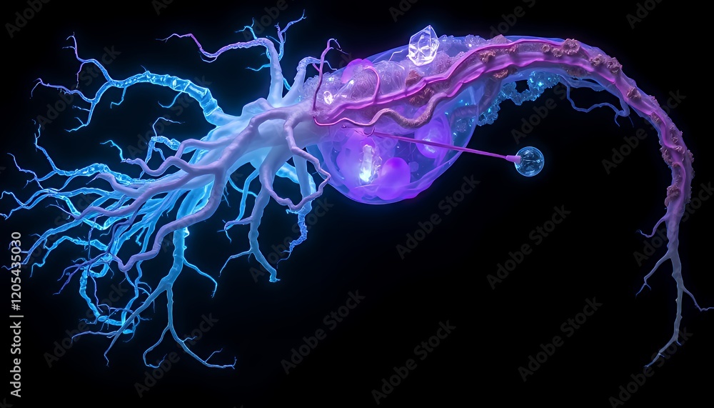 Poster abstract 3d rendering of a glowing neuron with intricate branching pathways, showcasing the complexi