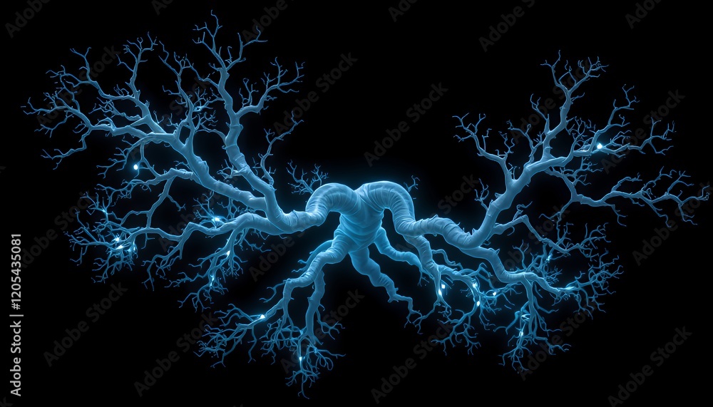 Poster abstract 3d rendering of a neuron, intricate branching neural network, detailed cellular structure, 