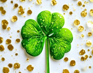 Bright four-leaf clover on a white  with golden background