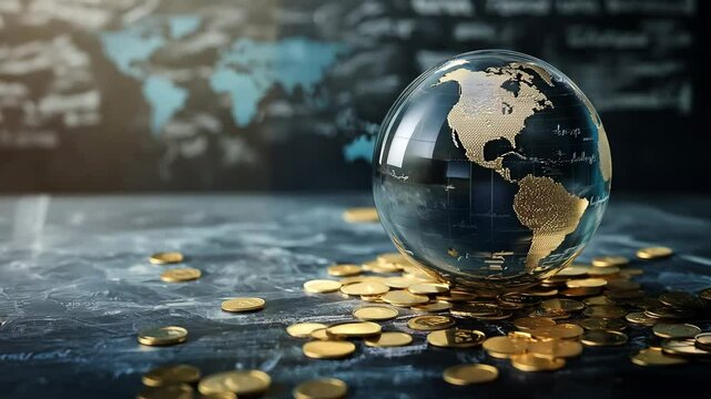 Financial World in a Glass Globe, Surrounded by Golden Coins against a Chalkboard Background, Symbolizing Global Networking, Money Flows, and the Interconnected Financial Ecosystem