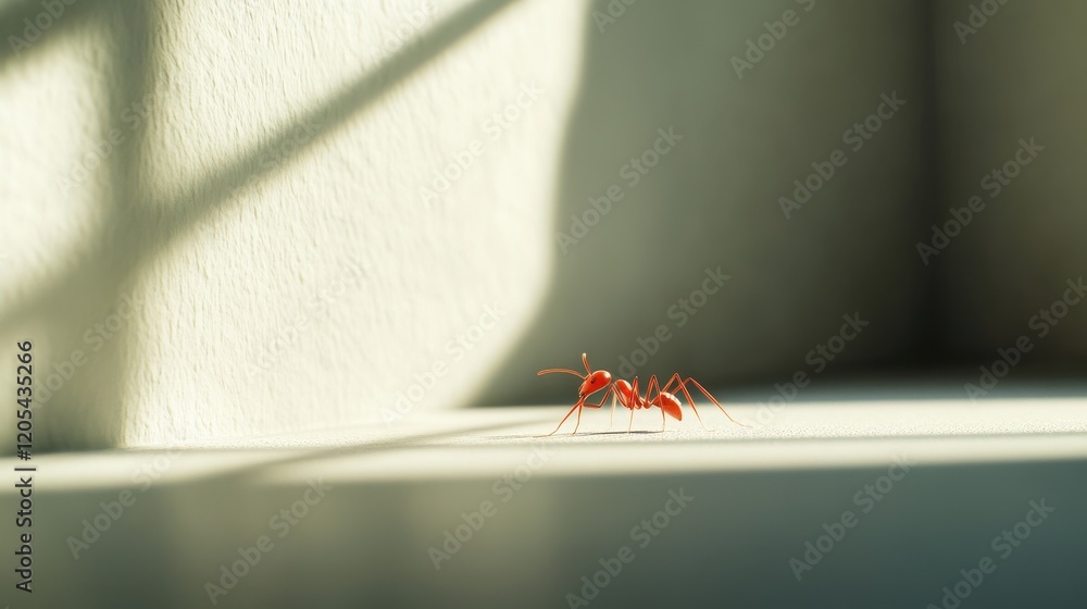Poster red ant walking on sunlit surface in minimalistic setting