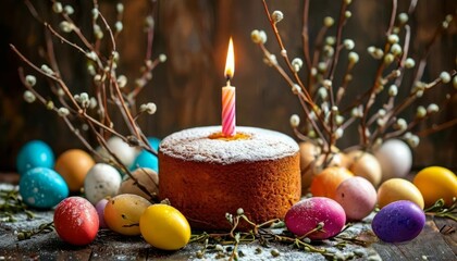 Colorful eggs and a cake decorated in a spring theme on a colored background