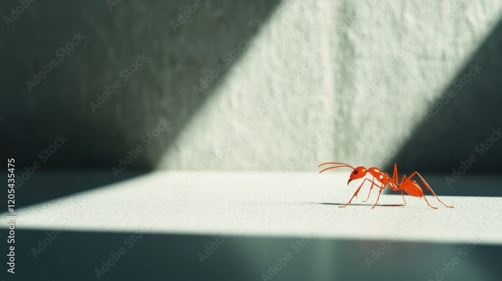 Poster close-up of a red ant on a surface with shadow play
