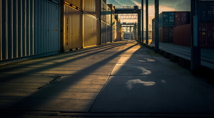 Fototapeta premium Industrial Shipping Yard with Stacked Cargo Containers at Sunset