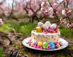 Holiday cakes decorated with chocolate eggs and strawberries