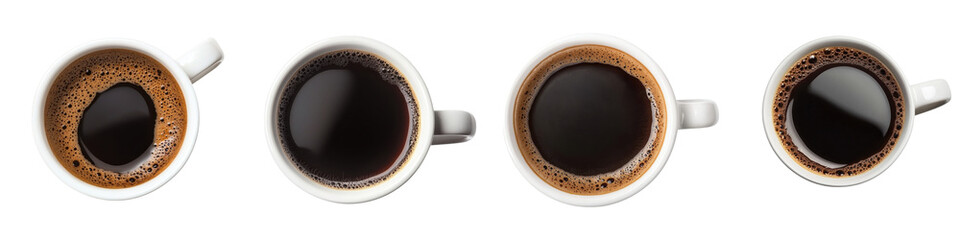 Four coffee cups in varying sizes filled with dark coffee against a transparent background.