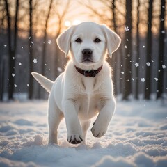 White labrador breed puppy playing, winter, sunset, snowflakes falling.