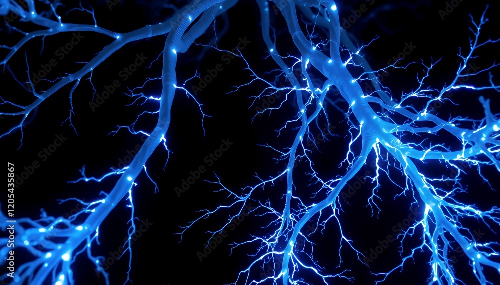 Poster abstract glowing neural network: intricate blue branches on black background. digital 3d rendering o