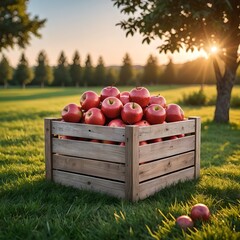 Fresh red apples in a wooden crate, crate standing on the grass in the garden, sunset.