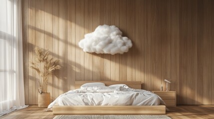 Minimalist wooden bedroom with cloud decor, blending natural wood tones with soft, fluffy cloud accents for a serene and dreamy space