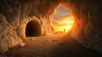 Jesus Christ leaving the tomb cave, symbolizing resurrection and hope, depicted in a moment of divine grace and significance.