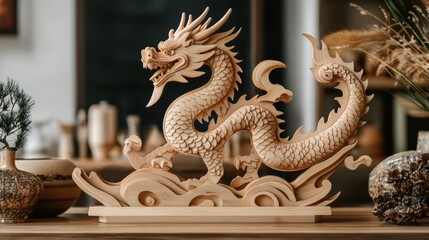 Obraz premium Minimalist wooden Chinese dragon crafted with smooth lines and natural wood textures, styled for a timeless Lunar New Year decor