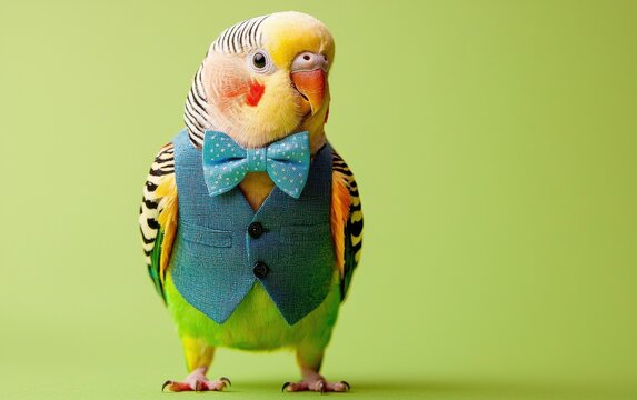A colorful parakeet in a tiny blue vest and bow tie, perched on a pastel green background