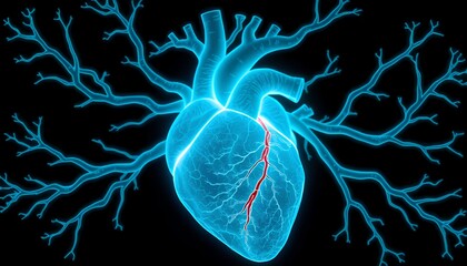 Detailed 3D digital illustration of the human heart and circulatory system, highlighting arteries and veins in vibrant blue and red.  The image provides a detailed anatomical representation, useful fo