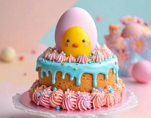 A festive Easter cake decorated with pastel frosting and topped with a white egg, surrounded by vibrant spring flowers