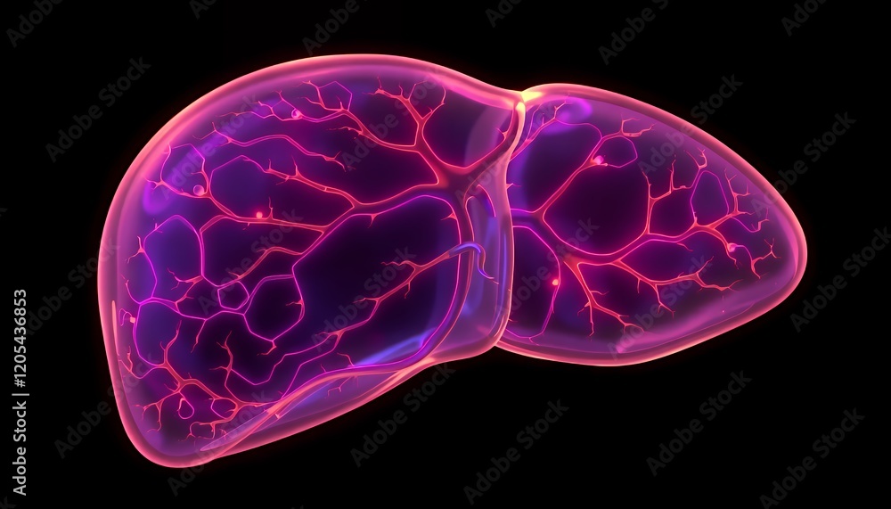 Poster detailed 3d rendering of a human liver, showcasing its intricate vascular network and internal struc