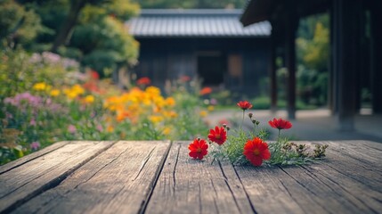 Red cosmos flowers on weathered wooden planks in a tranquil garden setting with a blurred background of colorful blooms and a traditional building.