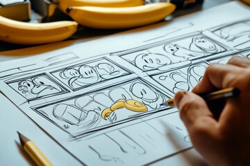 Hand drawing cartoon storyboard with pencils and bananas.