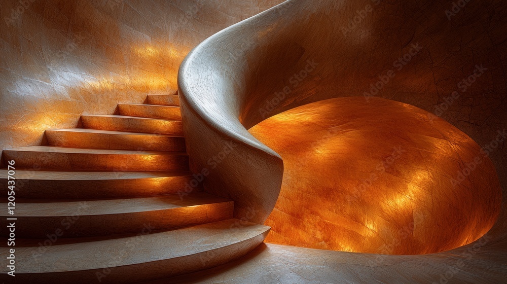 Poster glowing amber staircase descending into a mystical space: an abstract architectural visualization