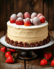 Holiday cakes decorated with chocolate eggs and strawberries