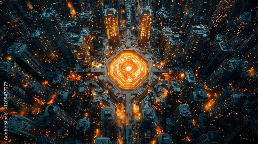 Poster glowing futuristic cityscape with hexagonal core: a symmetrical digital art composition