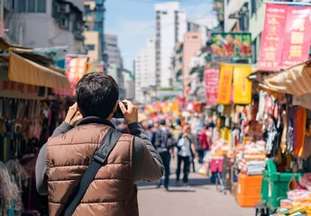 Obraz premium Man photographs bustling Asian street market.