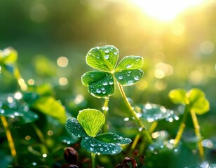 green four-leaf clover on the background of the rising sun