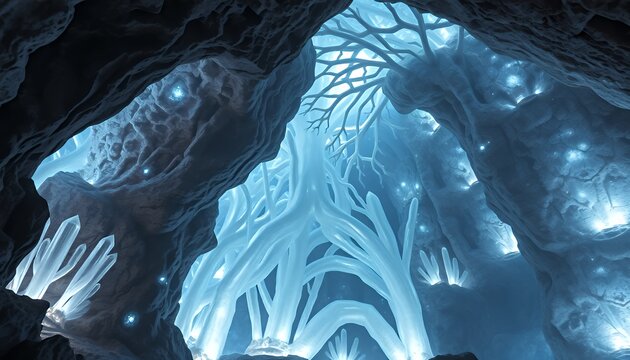 Enigmatic Bioluminescent Cave with Glowing Tree Roots and Crystalline Formations: A Digital Fantasy Illustration