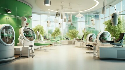 A photo of a veterinary clinic with eco-friendly