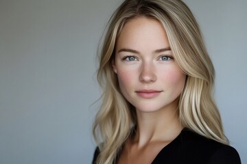 Naklejka premium Close-up portrait of a young woman with blonde hair and blue eyes, looking directly at the camera.