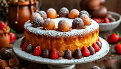 Holiday cakes decorated with chocolate eggs and strawberries