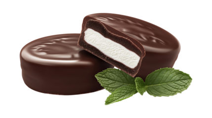 A chocolate mint patty that is broken in half isolated on a white background
