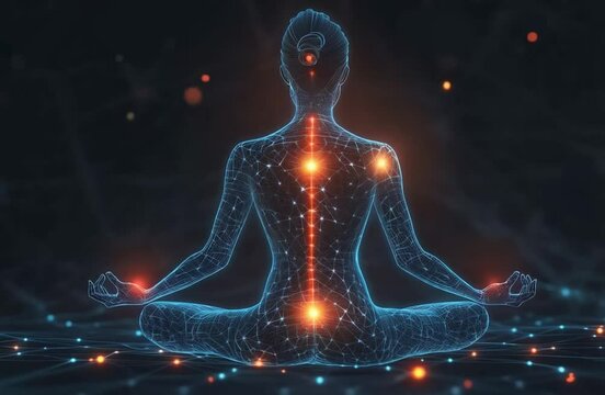 Meditative figure, calm mood, glowing energy points, futuristic background, copy space