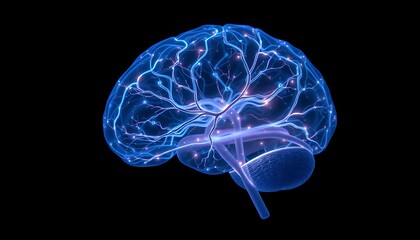 Glowing Blue Human Brain Neural Network Digital 3D Rendering Illustration
