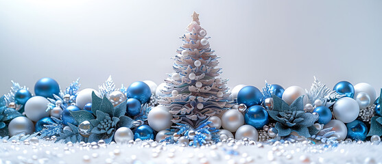 A miniature blue Christmas tree surrounded by festive ornaments and snow, creating a winter wonderland scene.