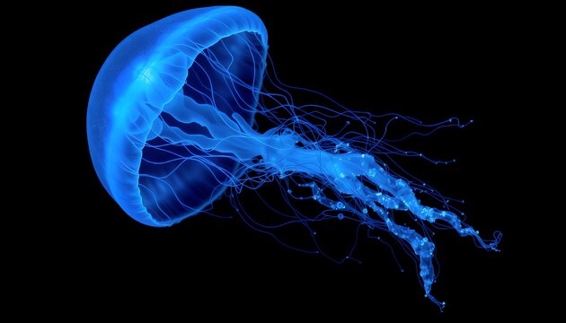 Glowing Blue Jellyfish in a Dark Ocean: An Underwater Encounter