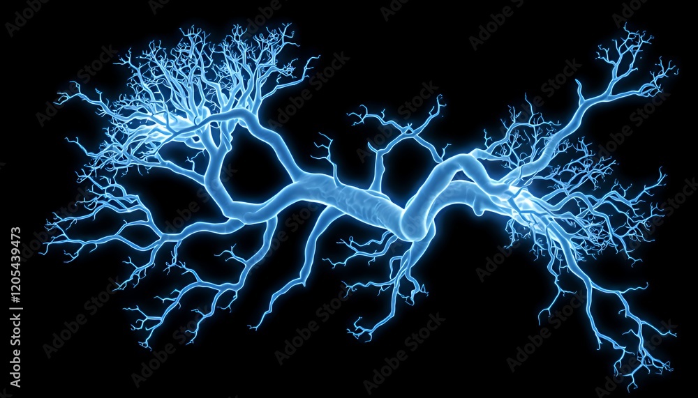 Poster glowing blue neural network branching intricate filaments detailed microscopic illustration of compl