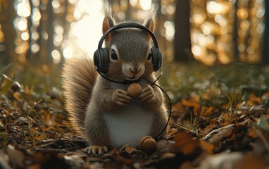 Obraz premium A fluffy squirrel wearing a tiny hoodie and headphones, munching on a nut with a forest backdrop