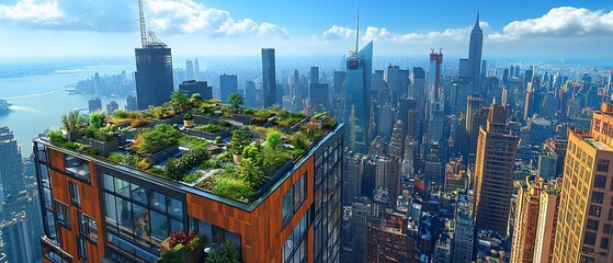 Rooftop garden on NYC skyscraper, city view