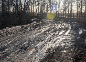 a muddy, wet road, mud texture, snow remnants, winter road