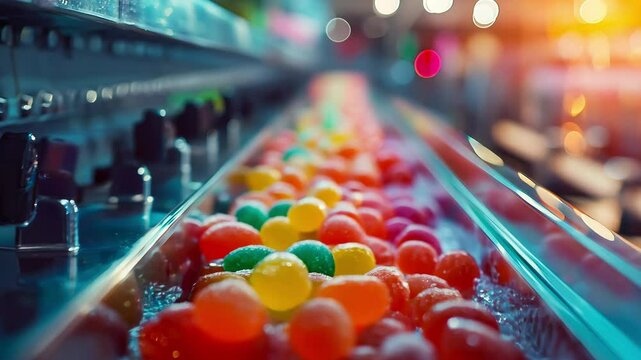 Industry factory manufacture candy confectionery production, sweet, delicious. Automatic candy plant factory	
