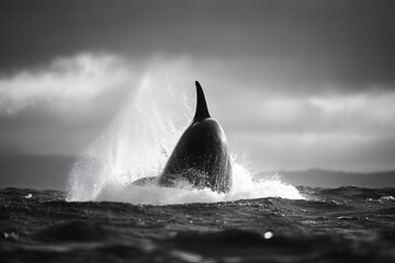 Fototapeta premium Orca whale breaching, dramatic black and white ocean scene.